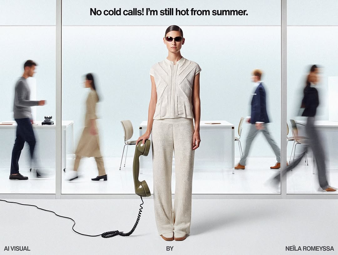 Woman in cream-colored outfit holds a vintage rotary phone in a bright minimalist office with blurred figures in the background.
