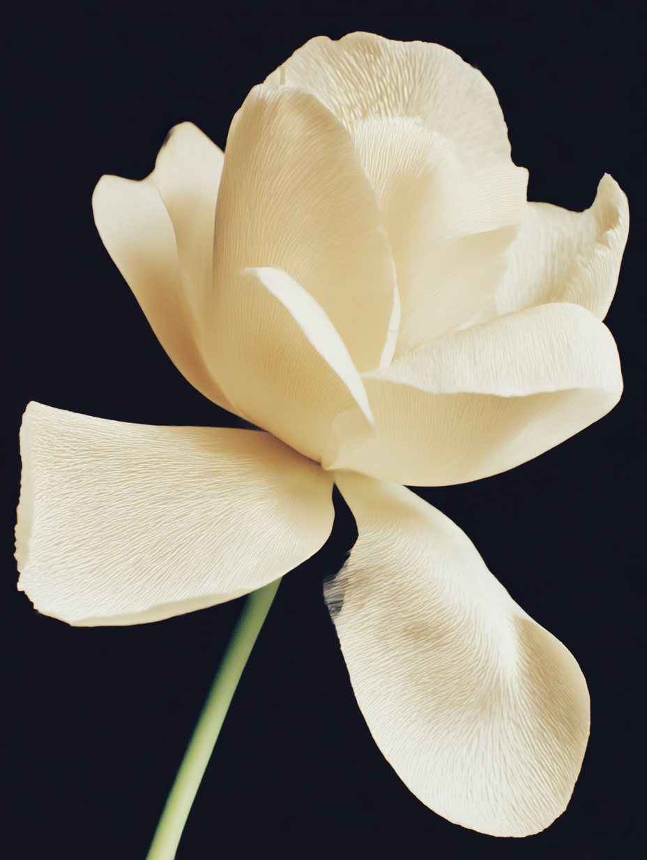 Cream-colored flower with detailed petal texture on a dark background, showcasing nature's beauty and soft lighting.