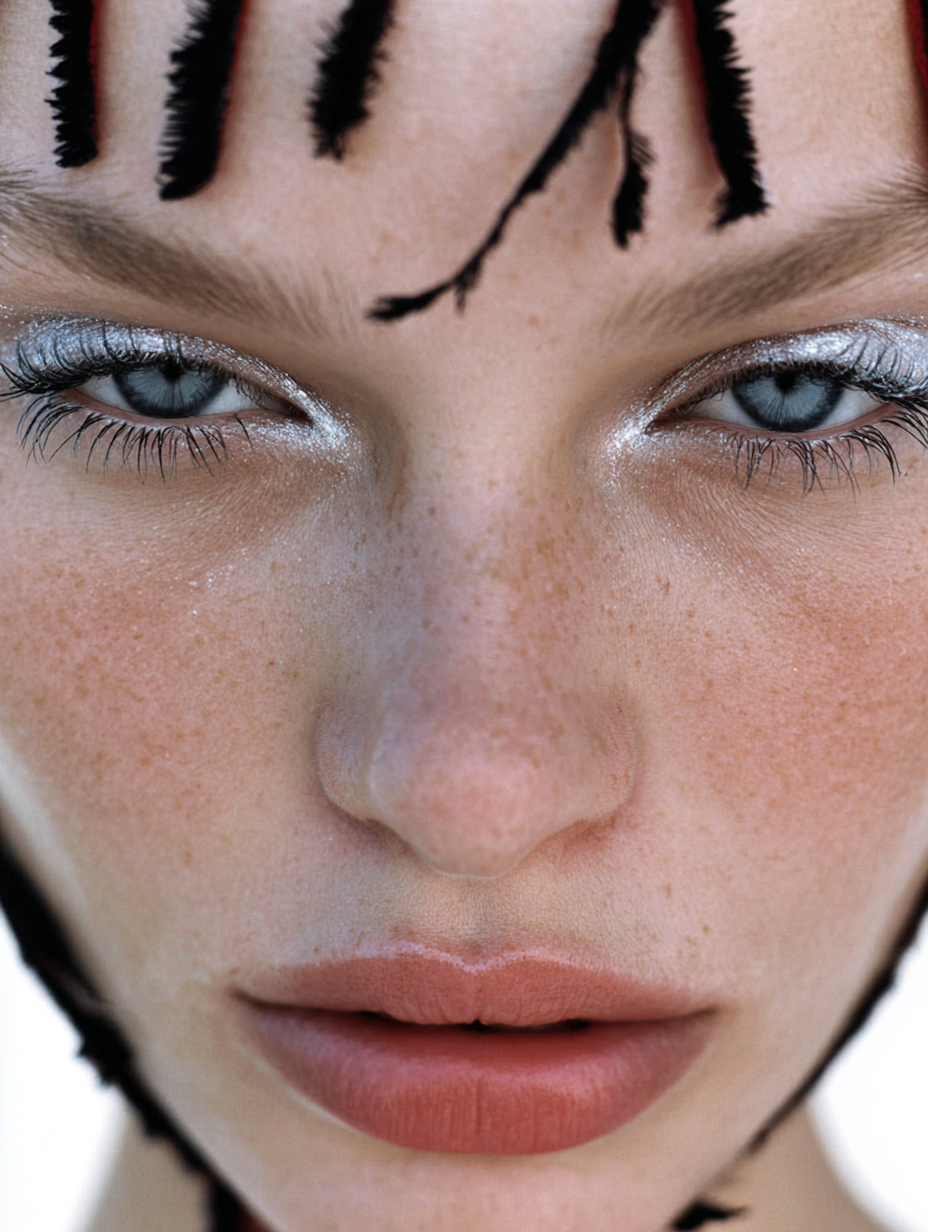 Close-up portrait of a fair-skinned woman with blue eyes, striking silver eyeshadow, and distinctive black graphic makeup framing her face.