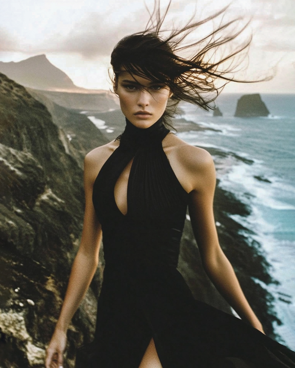 A woman with dark hair in a black dress stands on a rocky cliff overlooking the ocean and islands with mountains in the background.