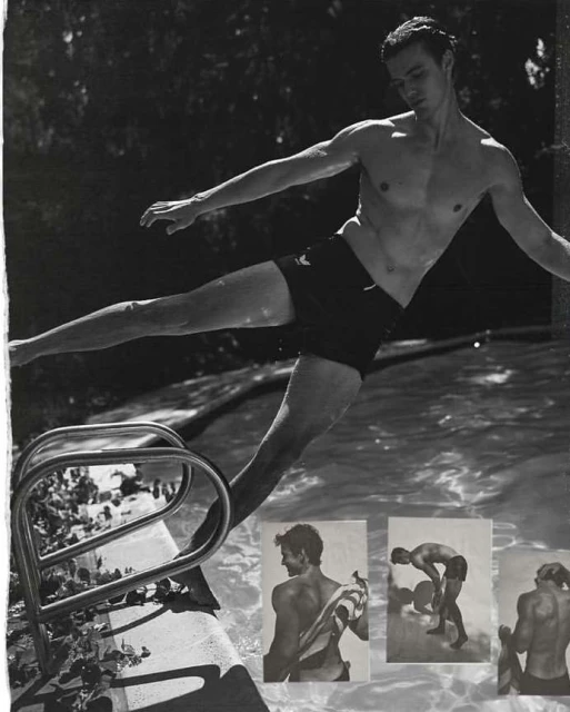 Athletic man in mid-air leaps into a pool, ladder in view, set against lush greenery in vintage black and white style.