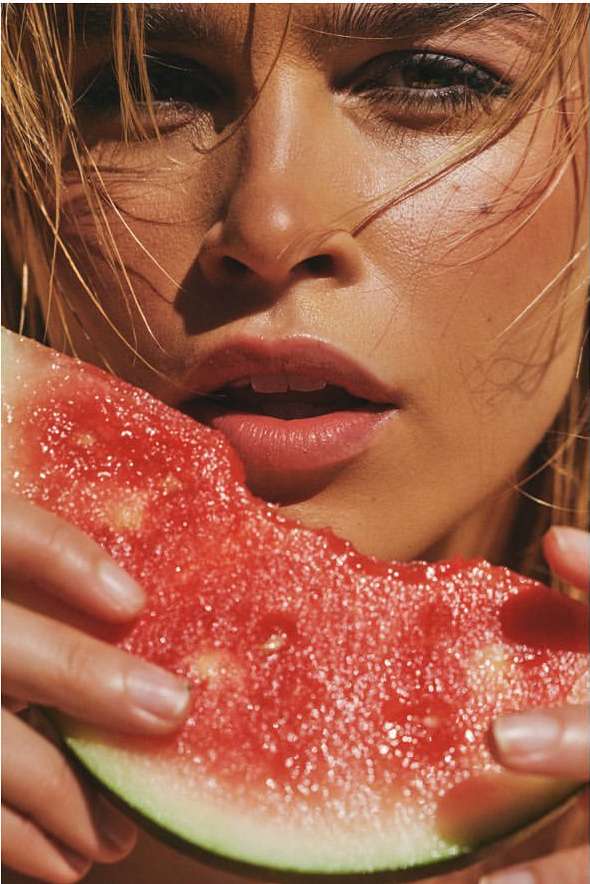 Close-up portrait of a woman with blonde hair holding a large slice of watermelon, emphasizing her face, sun-kissed skin, and the fruit's texture.