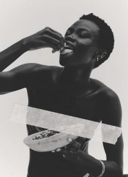 Black and white portrait of a Black woman eating fruit with a piece of tape across the frame by Aaron Feaver