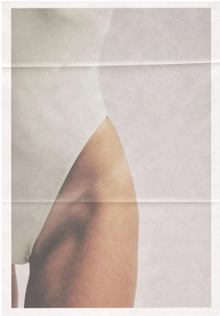 Close-up portrait of a woman wearing a white bodysuit against a neutral background with horizontal creases by Aaron Feaver