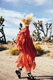 Model wearing a vibrant red ruffled dress and platform sandals walking through a sparse desert landscape with scattered Joshua trees.