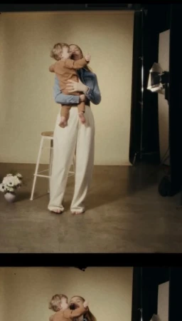 A fair-skinned woman in denim holds a toddler with blonde hair against a neutral backdrop, with a stool, flowers, and lighting visible.