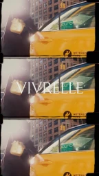 Film strip frame showing a person entering a yellow New York City taxi cab with text overlay.