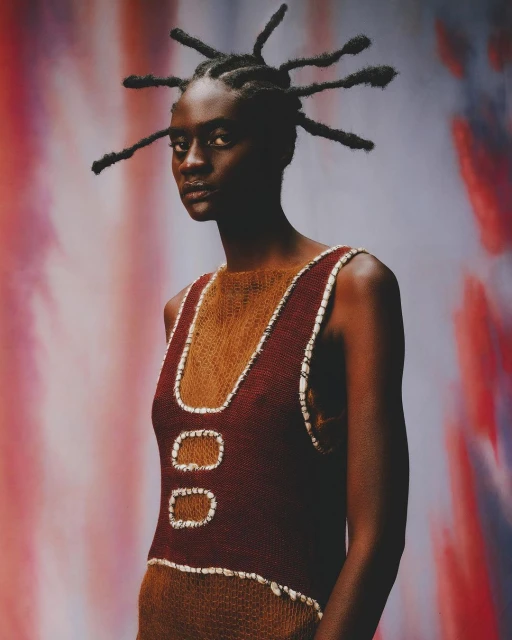 Portrait of a Black female model wearing a knit top with unique hair against a mottled background in a studio with natural lighting.