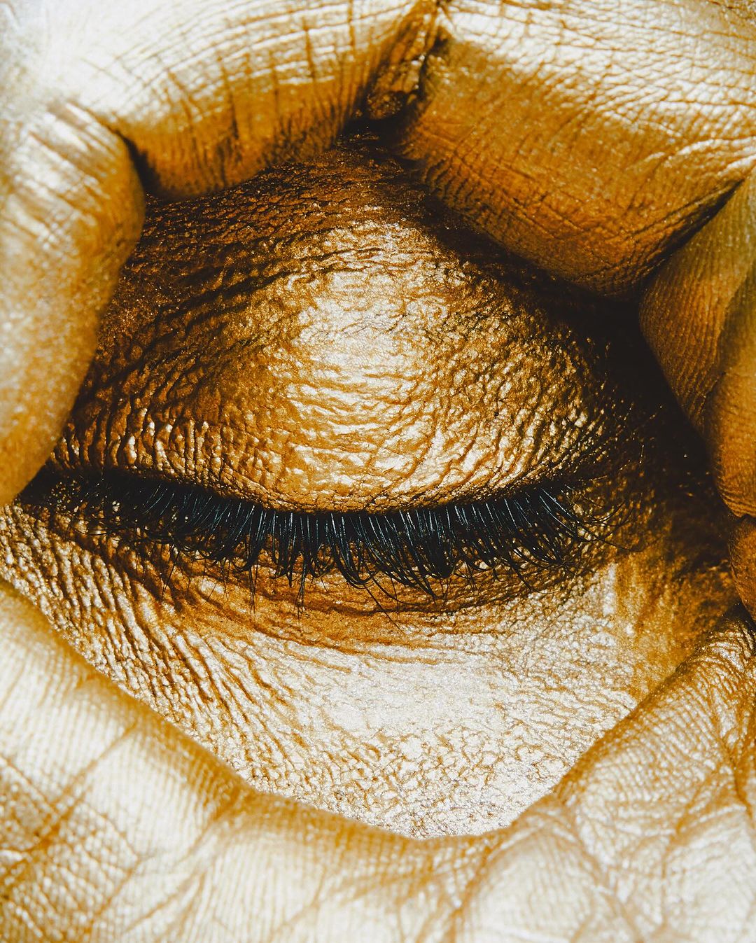 Close-up of a closed eye and surrounding face and hands completely covered in metallic gold paint, creating a surreal effect.