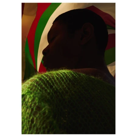 Profile silhouette of a Black man wearing a textured green sweater against a red, white, and green striped background by Aart Verrips.