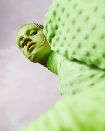 Model in neon green textured top with pearl embellishments on face captured from a low angle by Aart Verrips in Cape Town.