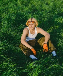 Young man with dyed blonde hair wearing sunglasses and white tank top sitting in a lush green meadow
