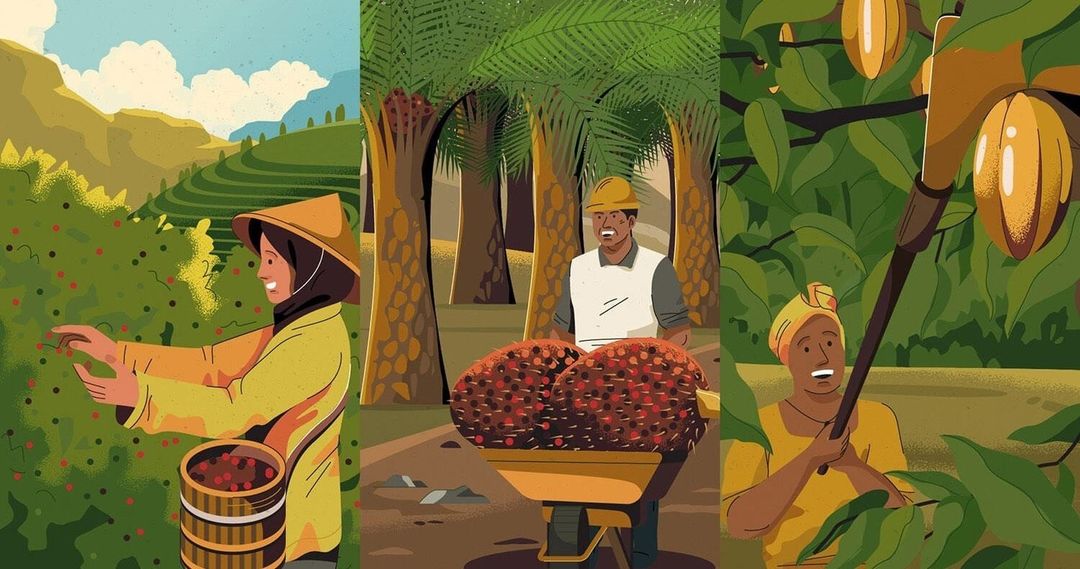 Illustration of three agricultural scenes: a woman picking berries, a man pushing a wheelbarrow, and a woman harvesting cacao.