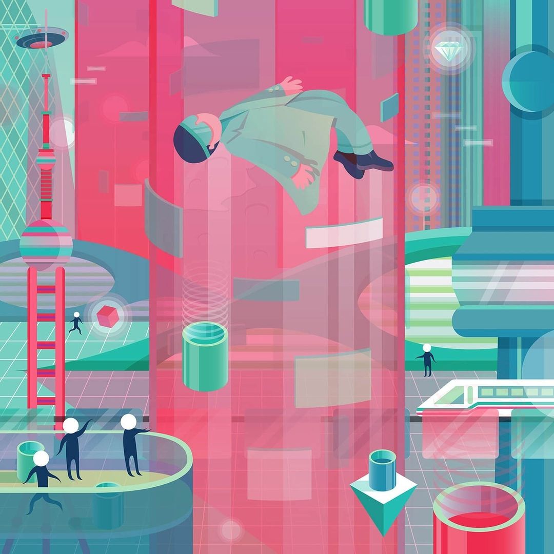 Illustration of a man in a suit floating in a translucent tube within a futuristic city with geometric shapes and stylized human figures.