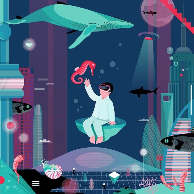 Illustration of a child wearing VR glasses, exploring an underwater cityscape with whales, sharks, and stylized coral reefs.