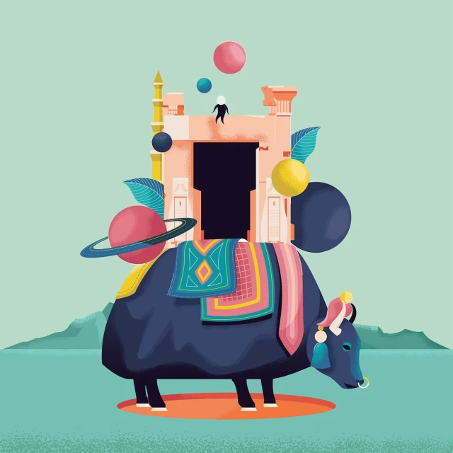 Illustration of an ox with saddle and temple on its back against a teal background with hills, orbs and a tiny figure.