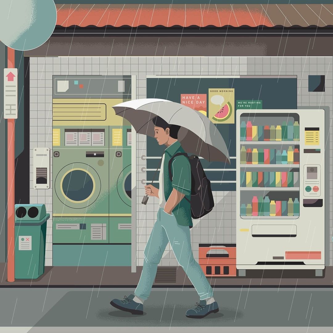 Illustration of a person walking with an umbrella in the rain, past a laundromat and vending machine on an urban street.