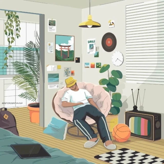 Illustration of a man sleeping in a chair in a brightly lit room with plants, posters, television, and hardwood floors, creating a cozy scene.