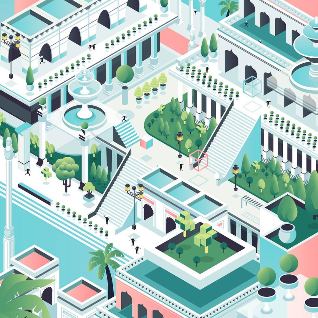 Isometric illustration of a complex architectural space with stairs, gardens, potted plants, fountains, and figures in an urban environment.