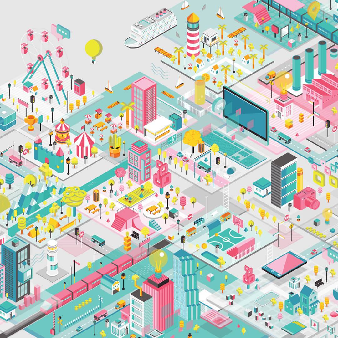 Isometric illustration of a vibrant, colorful cityscape with buildings, parks, and transportation, presented in a detailed, elevated view.