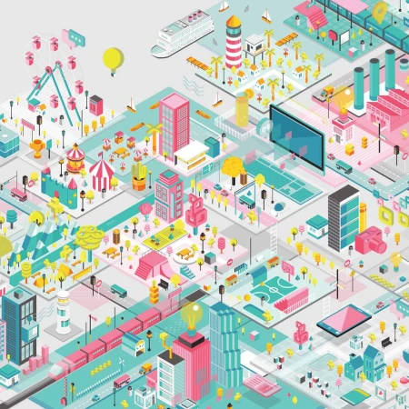 Isometric illustration of a vibrant, colorful cityscape with buildings, parks, and transportation, presented in a detailed, elevated view.