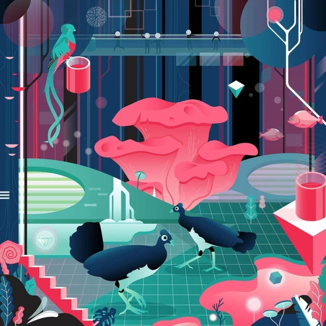 Illustration of two blue-and-white birds, a green quetzal, pink mushrooms, and floating geometric shapes in a teal and blue graphic.