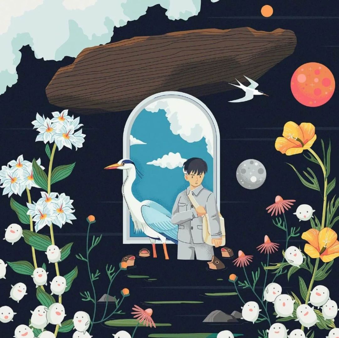 Illustration of a boy with a satchel standing near a heron in a landscape with flowers and planets, depicting a whimsical journey.