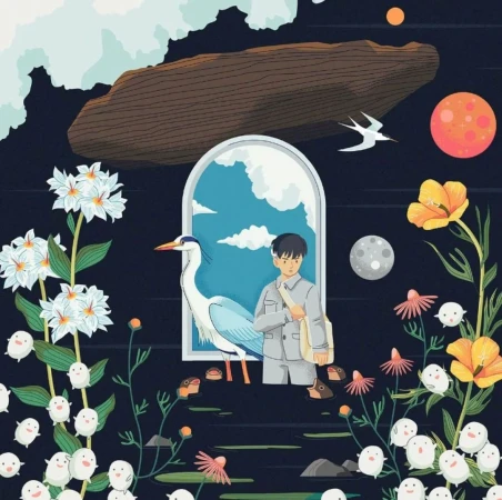 Illustration of a boy with a satchel standing near a heron in a landscape with flowers and planets, depicting a whimsical journey.
