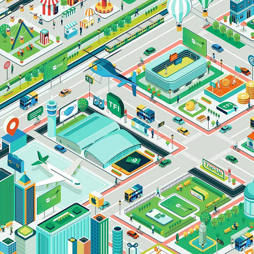 Isometric illustration of a cityscape with roads, buildings, trees, vehicles, and pedestrians, showcasing transportation and urban planning.