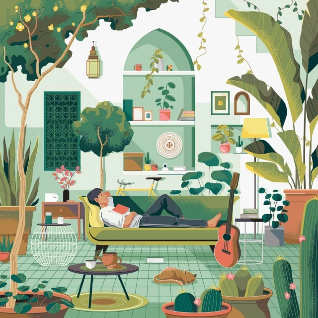 Illustration of a person relaxing on a couch surrounded by plants in a sunlit room with books, guitar, and cat providing a sense of serenity.