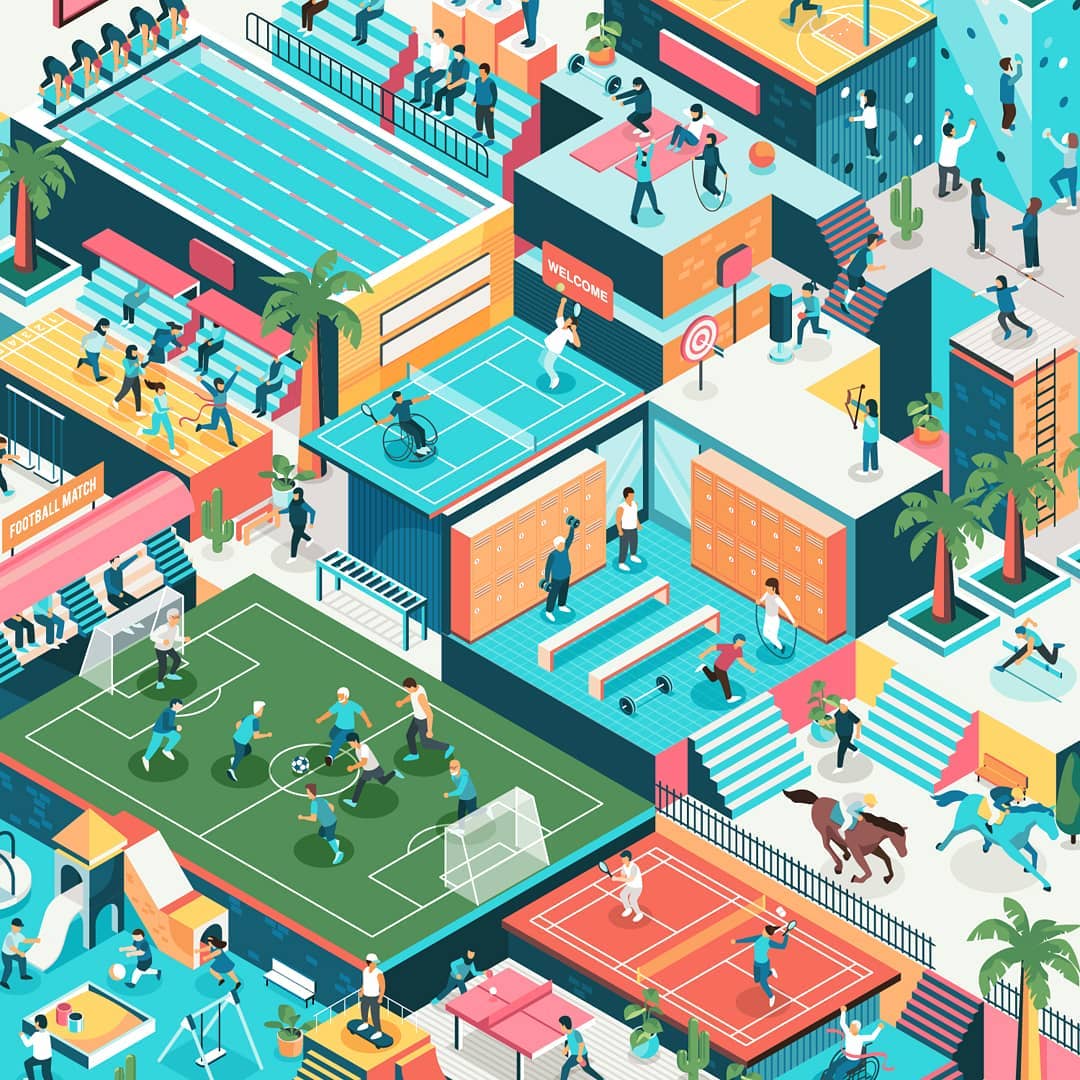 Isometric vector art illustration of diverse sports activities in a recreation center featuring football, tennis, swimming, climbing, and more.