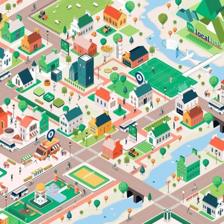 Isometric view of a colorful city map illustration with buildings, roads, green spaces, and miniature people.
