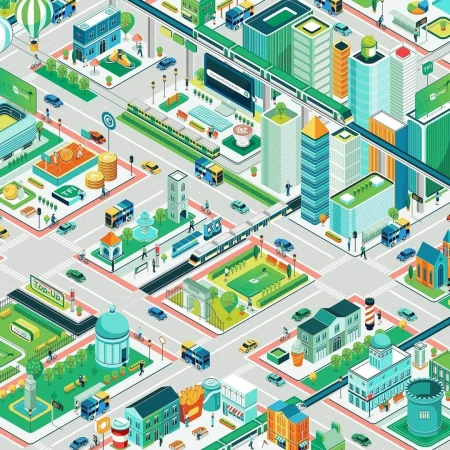 Isometric illustration of a city featuring buildings, buses, trains, parks, streets, and people, rendered in a vibrant, colorful palette.