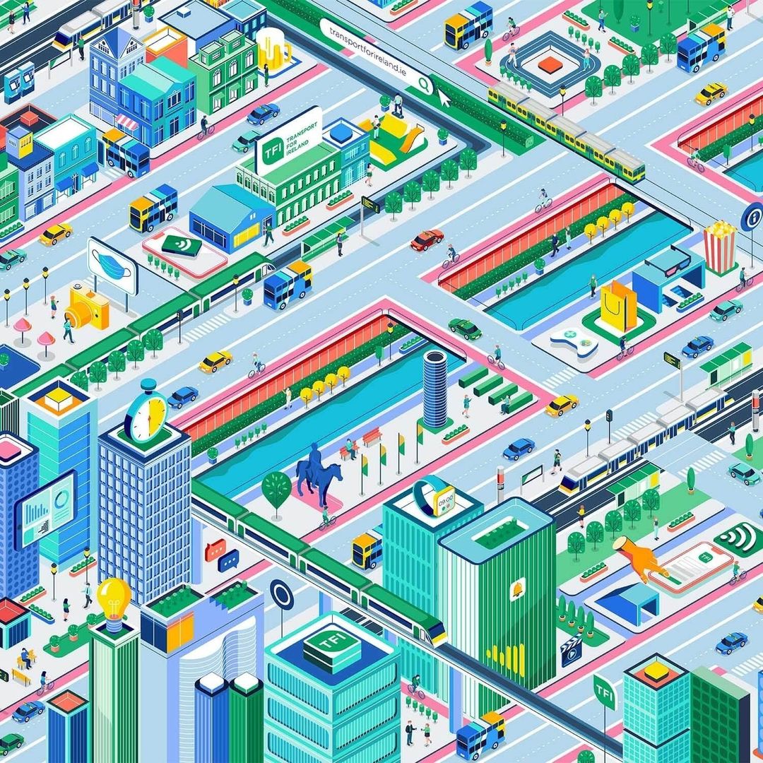 Isometric illustration of a vibrant city with buses, trains, cars, buildings, and pedestrians in a colorful, cartoonish style, eye-level angle.