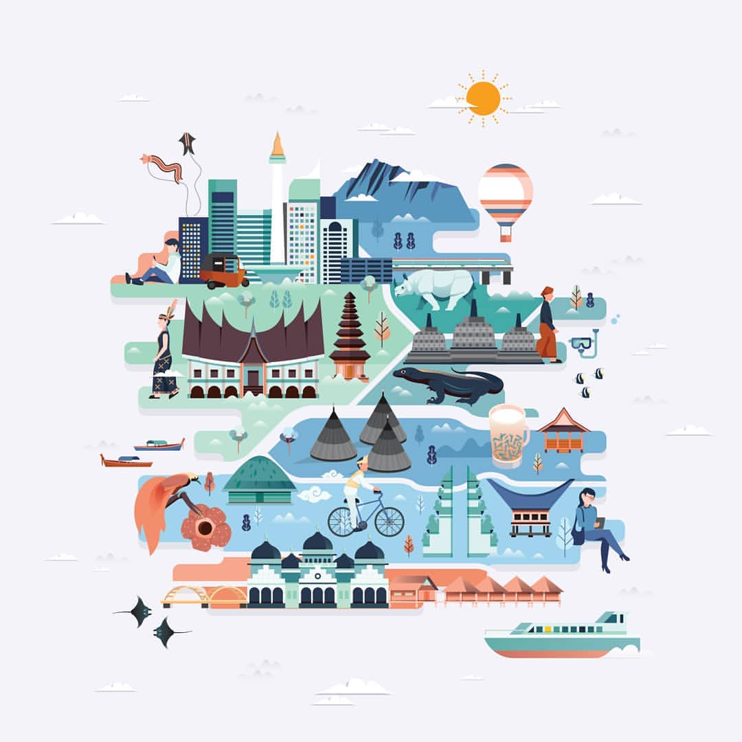 Colorful vector illustration of Indonesia map featuring cityscapes, architecture, landmarks, people, and sunshine on a light background.