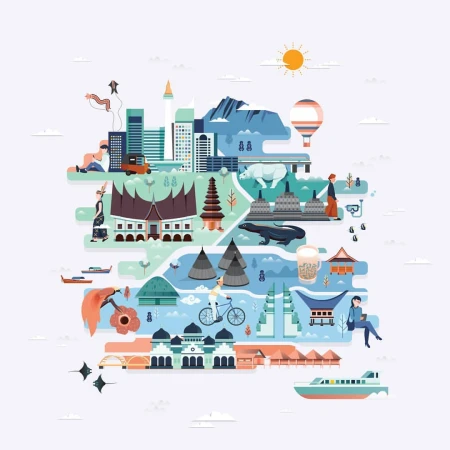Colorful vector illustration of Indonesia map featuring cityscapes, architecture, landmarks, people, and sunshine on a light background.