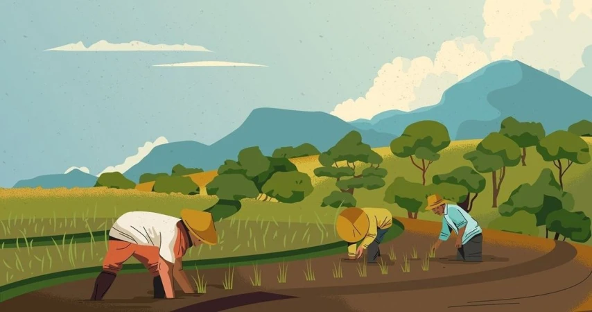 Illustration of three farmers planting rice in a field with mountains and trees in the background on a sunny day.
