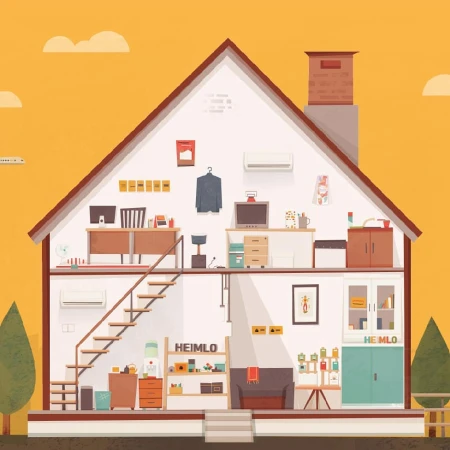 Illustration of the interior of a two-story house with visible rooms and furniture against a yellow sky with trees and stairs.