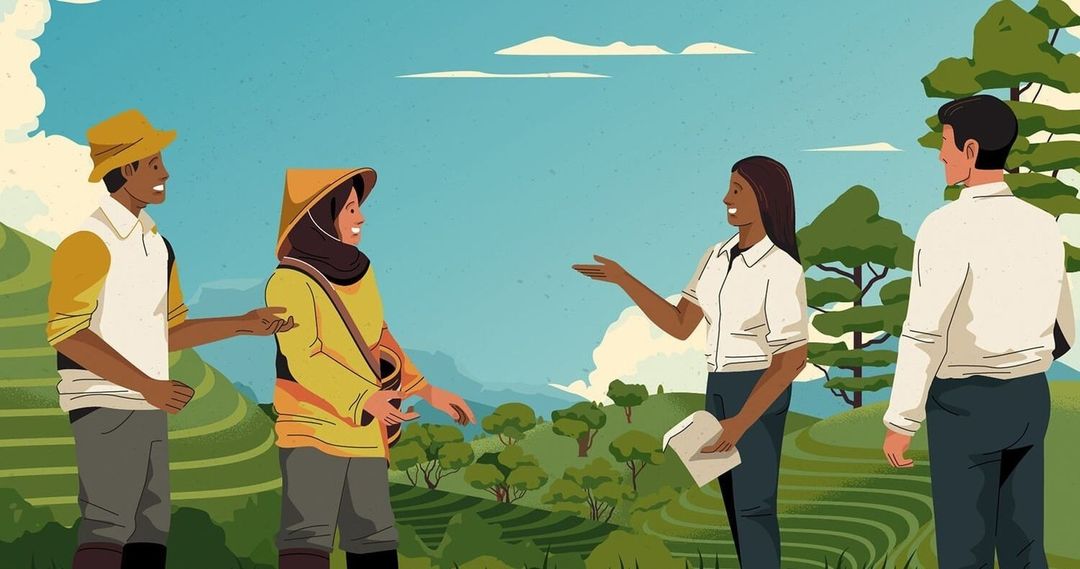 Illustration of four adults in a rural landscape with terraced hills, depicting diverse individuals in an outdoor setting under a blue sky.