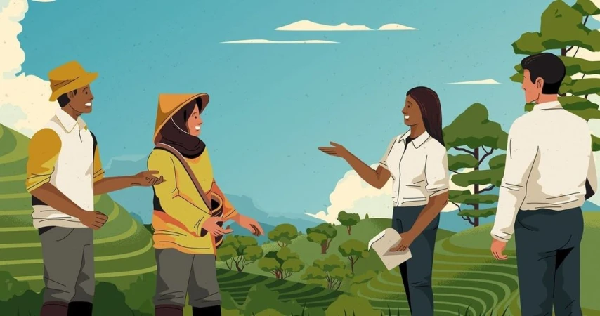 Illustration of four adults in a rural landscape with terraced hills, depicting diverse individuals in an outdoor setting under a blue sky.
