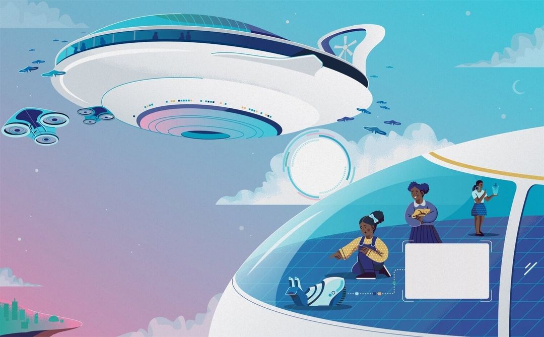 Illustration of futuristic air travel with airship above city, flying vehicles, and people inside a modern structure with large windows.