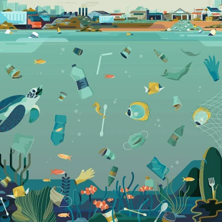 Graphic illustration depicting ocean pollution with trash like plastic bottles, masks, and cups affecting marine life like sea turtles and fish.