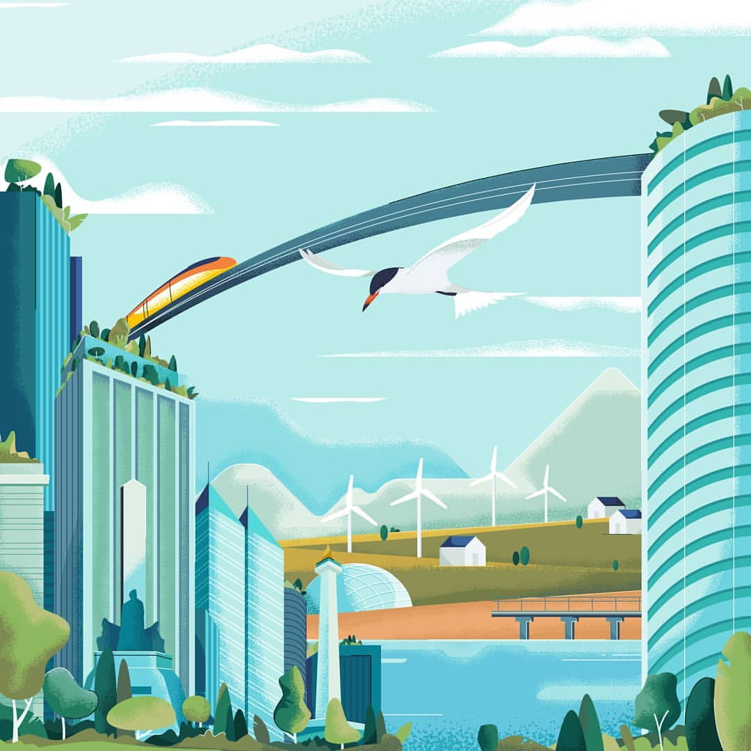 Illustration of a modern city with skyscrapers, a train on a bridge, a bird in flight, wind turbines, and a blue sky with clouds.