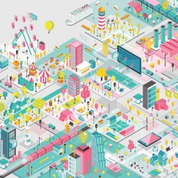 Isometric digital illustration of a colorful pastel city map featuring buildings, vehicles, parks, and amusement park rides.