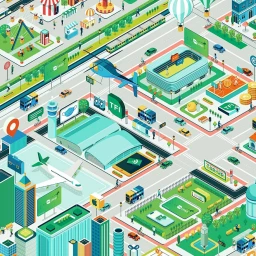 Detailed isometric illustration of a bustling modern city featuring a stadium, airport, vehicles, and green spaces by Abiyasa Adiguna.