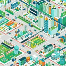 Detailed isometric illustration of a bustling green city with buildings, vehicles, parks, and tiny pedestrians by Abiyasa Adiguna