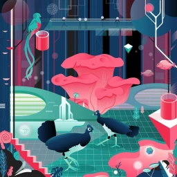 Digital illustration by Abiyasa Adiguna featuring stylized birds, vibrant pink coral formations, and futuristic architectural elements.