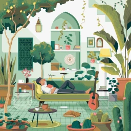 Illustration by Abiyasa Adiguna of a man relaxing on a green sofa surrounded by indoor plants and a sleeping cat