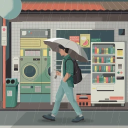 Illustrated man walking in the rain with an umbrella past a laundromat and a vending machine