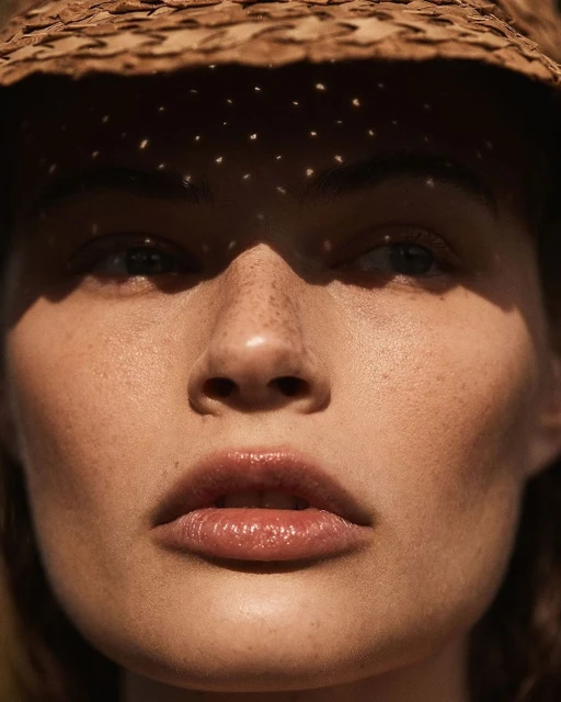 Close-up of a woman's face in dappled sunlight, wearing a straw hat casting shadows across her eyes and forehead, focusing on natural beauty.